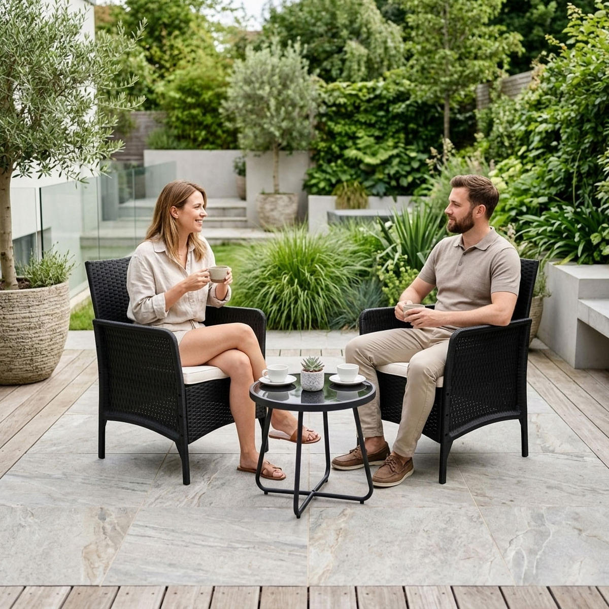 GARTENSTUHL 2er Set Schwarzer Rattan-Look - Schwarz, Kunststoff (54/84/57cm) - Mat-Haus