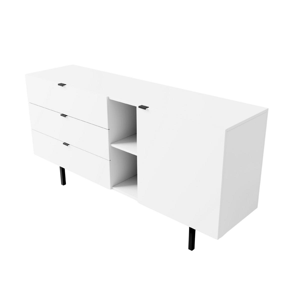 SIDEBOARD Myway, Weiß, 3 Schubladen, Minimalistisch, 160 cm - Schwarz/Weiß, Holzwerkstoff/Metall (160/80/41.6cm) - Skandica