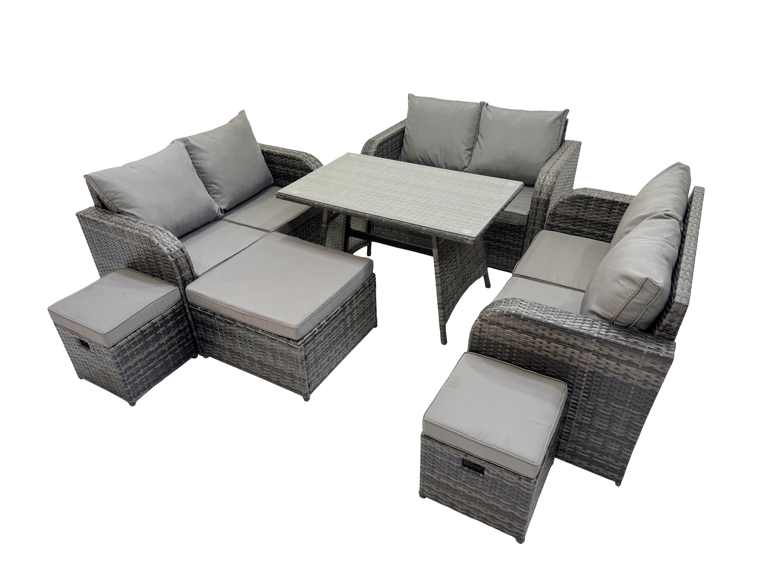 GARTENMÖBELSET mit ESSTISCH,SOFA Polyrattan 9-Sitzer - Dunkelgrau/Grau, Glas/Kunststoff - Fimous