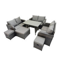 GARTENMÖBELSET mit ESSTISCH,SOFA Polyrattan 9-Sitzer - Dunkelgrau/Grau, Glas/Kunststoff - Fimous