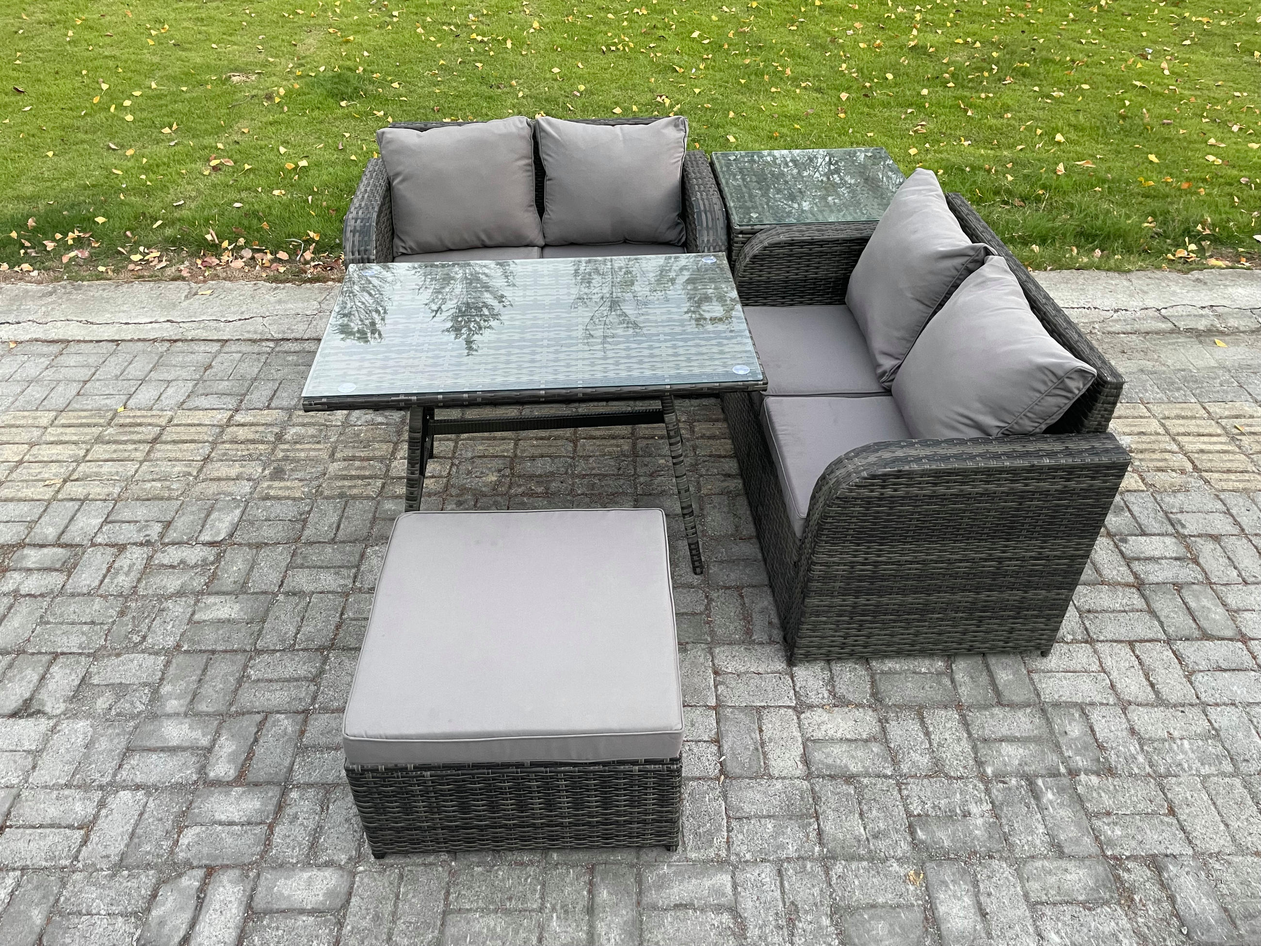 BALKONSET mit ESSTISCH SOFA Polyrattan Dunkelgrau 5-Sitzer - Dunkelgrau/Grau, Glas/Kunststoff - Fimous