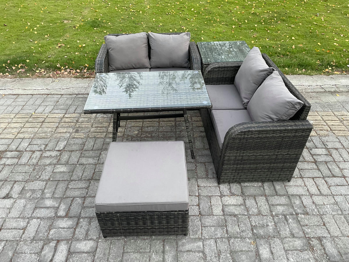 BALKONSET mit ESSTISCH SOFA Polyrattan Dunkelgrau 5-Sitzer - Dunkelgrau/Grau, Glas/Kunststoff - Fimous