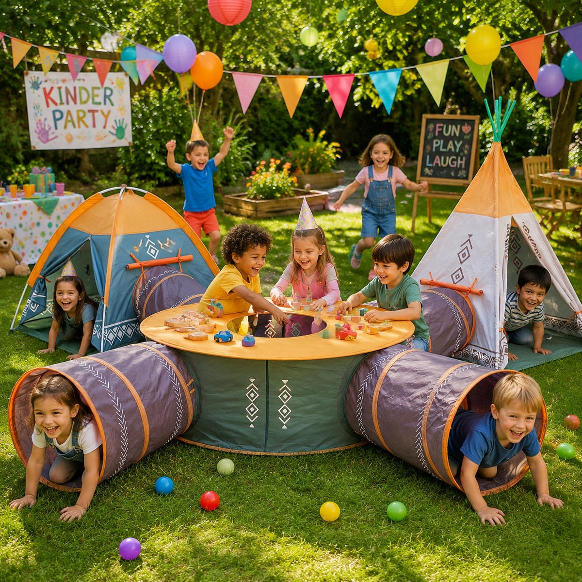 SPIELZELT 7er Set – Tipi, Iglo-Spielzelt mit 4 Tunneln, Indoor & Outdoor, für Kinder ab 3 Jahren - Multicolor, Textil (532/320cm) - COIL