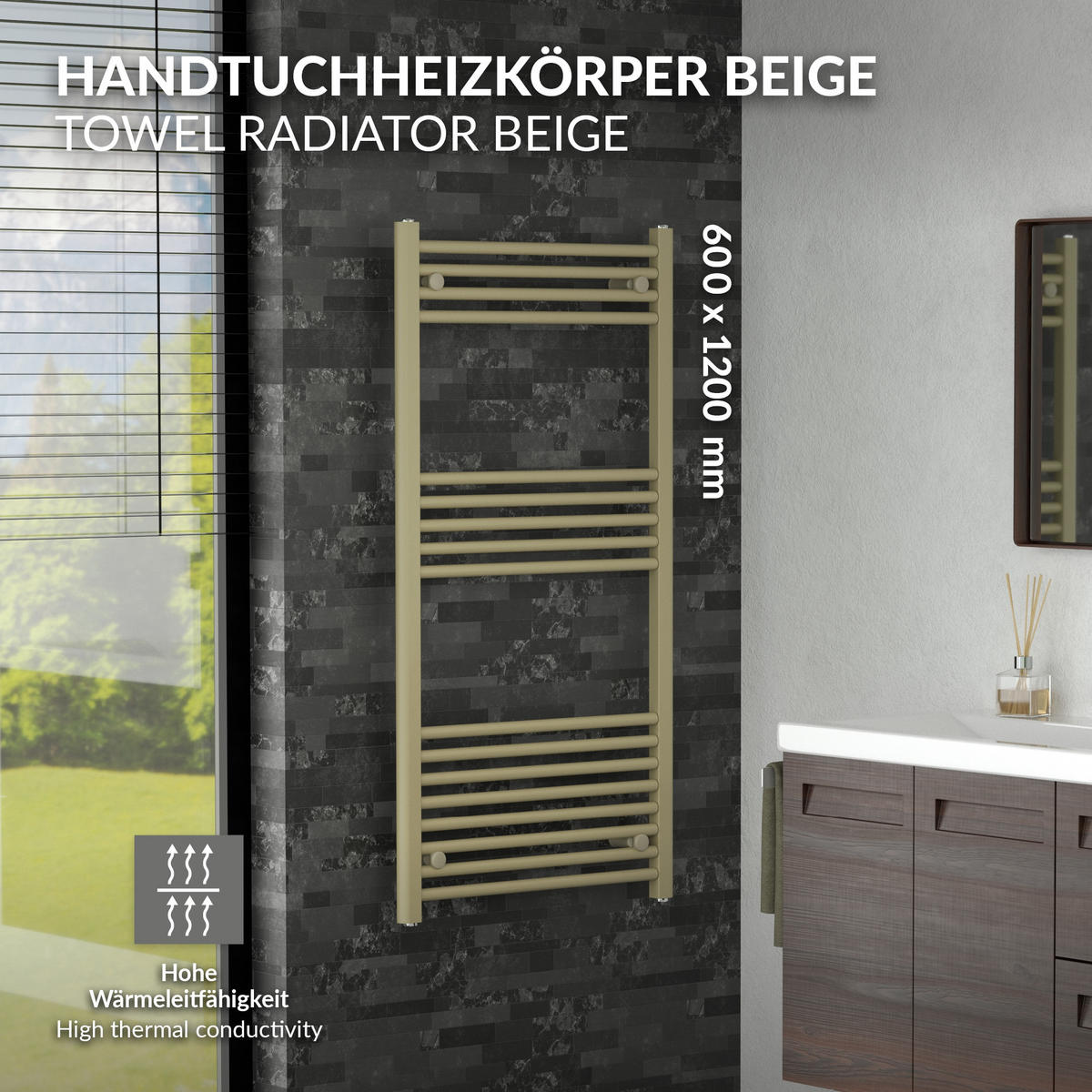 RUČNÍKOVÝ radiátor 600 x 1200 mm, béžový, rovný s bočním připojením - béžová, kov (60/120/3cm) - LuxeBath