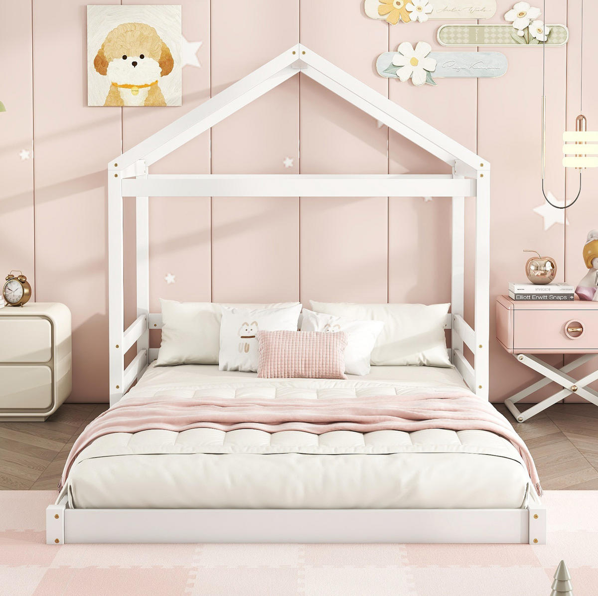 HAUSBETT aus Kiefernholz und MDF 140x200 cm Weiß mit Lattenrost in Hausform - Weiß, Holzwerkstoff (140/200cm) - Modfu