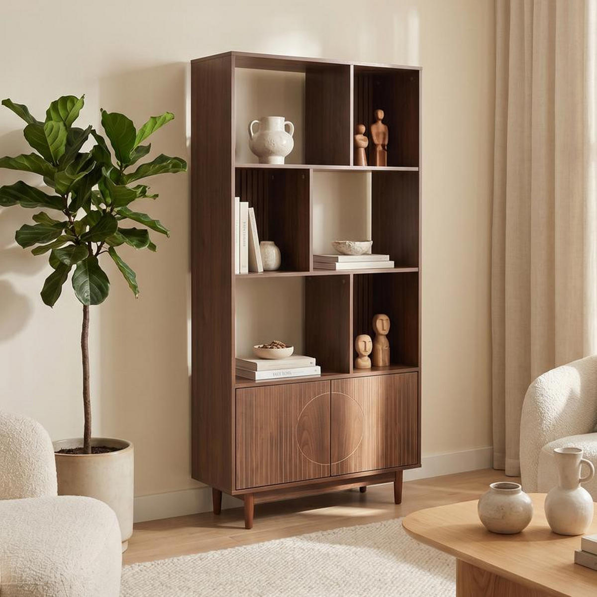 BÜCHERREGAL Skandinavisches, 180 cm hoch, mit 2 Türen und 6 Regalböden, Walnuss-Finish – LILA - Salbeigrün/Walnussfarben, Holzwerkstoff/Metall (80/179/30cm) - Sicaan