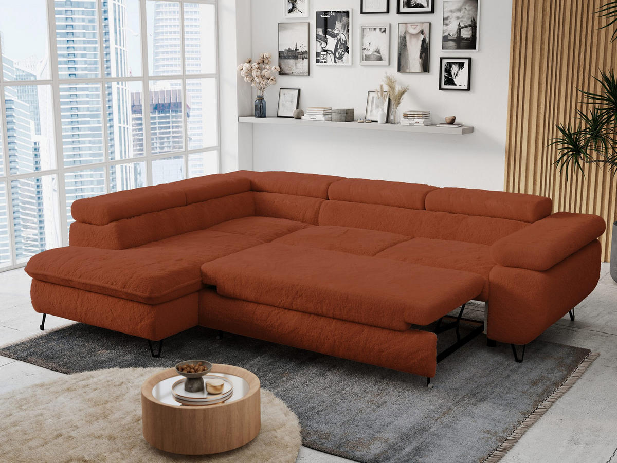 ECKSOFA PETER L Orange Plüsch - Links Seite - Schwarz/Orange, Textil/Metall (208/273cm) - MKS