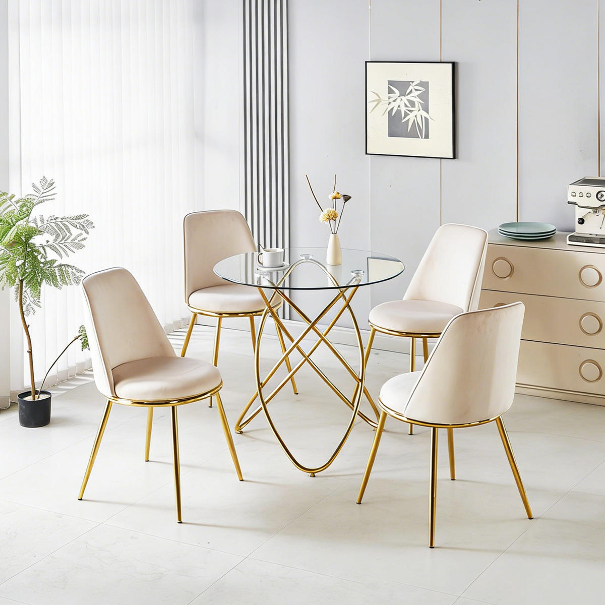 ESSGRUPPE DE-39333 5-teilig, mit 4 Samtstühlen Gold - Creme, Metall (80/75/80cm) - ComfortXL