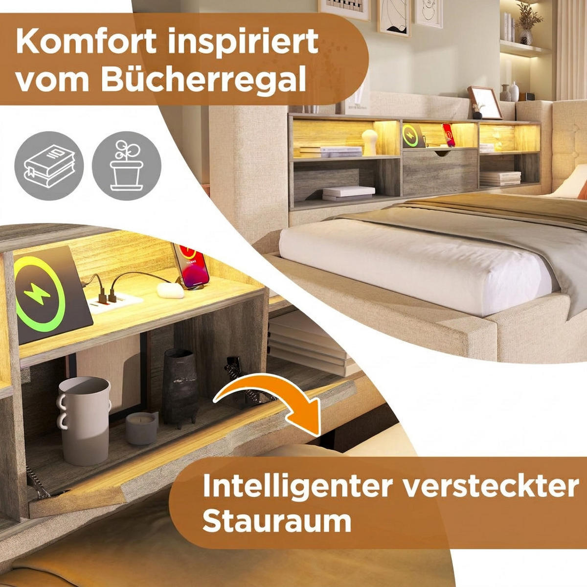 POLSTERBETT 90/190 cm Beige mit LED-Beleuchtung und Stauraum (Ohne Matratze) - Beige, Textil (90/190cm) - Oxeza