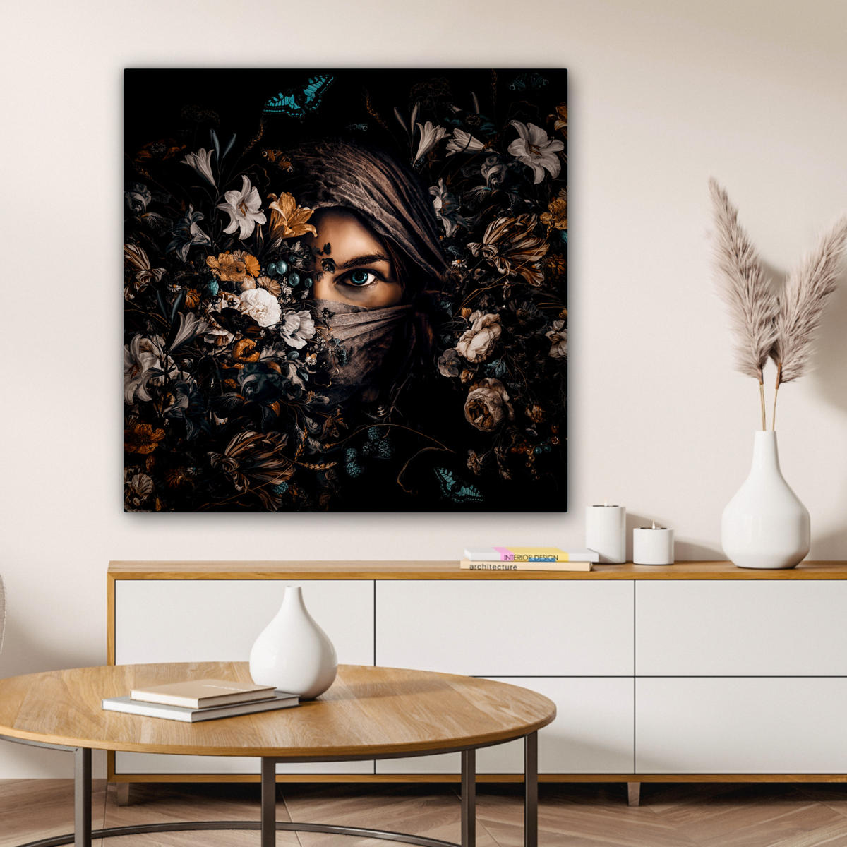 LEINWANDBILD Frau - Luxus - Blumen - Schmetterling - Porträt 90x90 cm - Schwarz, Textil (90/90cm) - MuchoWow