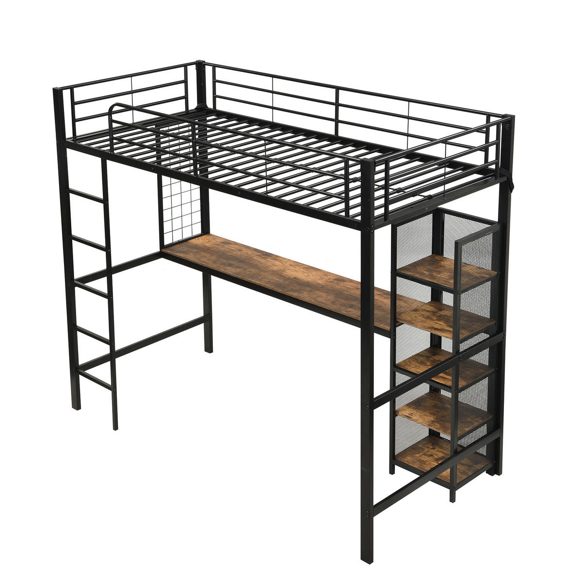 HOCHBETT 90/200 cm aus Metall und MDF mit Schreibtisch, 5-stufigem Regalschrank und Metallgitter, Schwarz/Dunkle Holzfarbe - Schwarz, Holzwerkstoff (90/200cm) - Redom