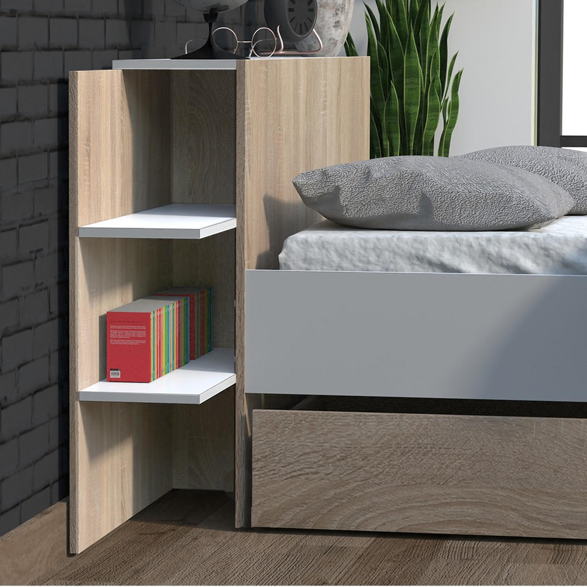 BETT CITY mit Kopfteil und Schublade/ Bett 140x190 - Weiß & gebleichte Eiche Dekor - Weiß/Sonoma Eiche, Holzwerkstoff (140/190cm) - Weber Industries
