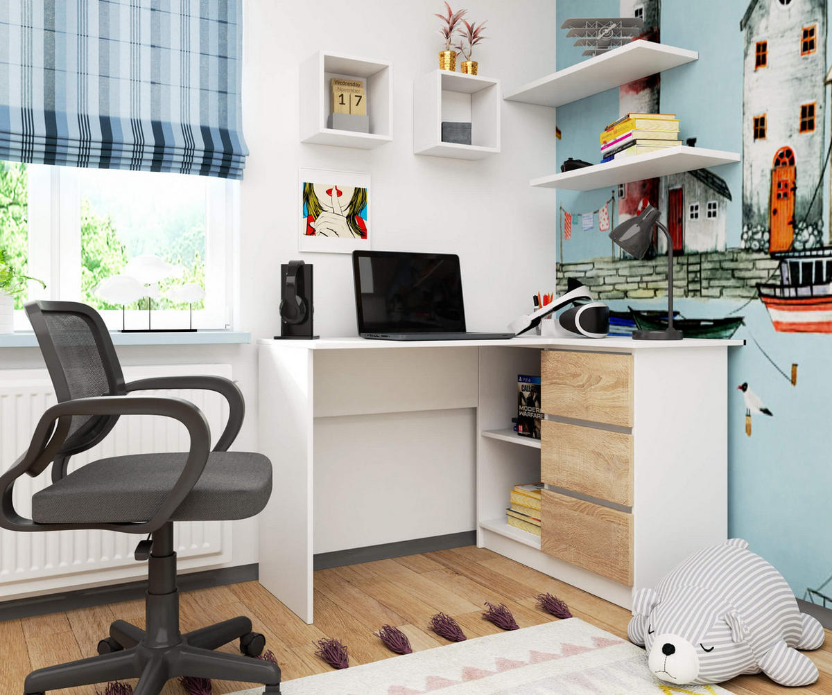 SCHREIBTISCH Weiß, Eiche Sonoma 77/124/85 - Weiß/Sonoma Eiche, Holzwerkstoff (85/124/77cm) - RAUMHIRSCH FURNITURE