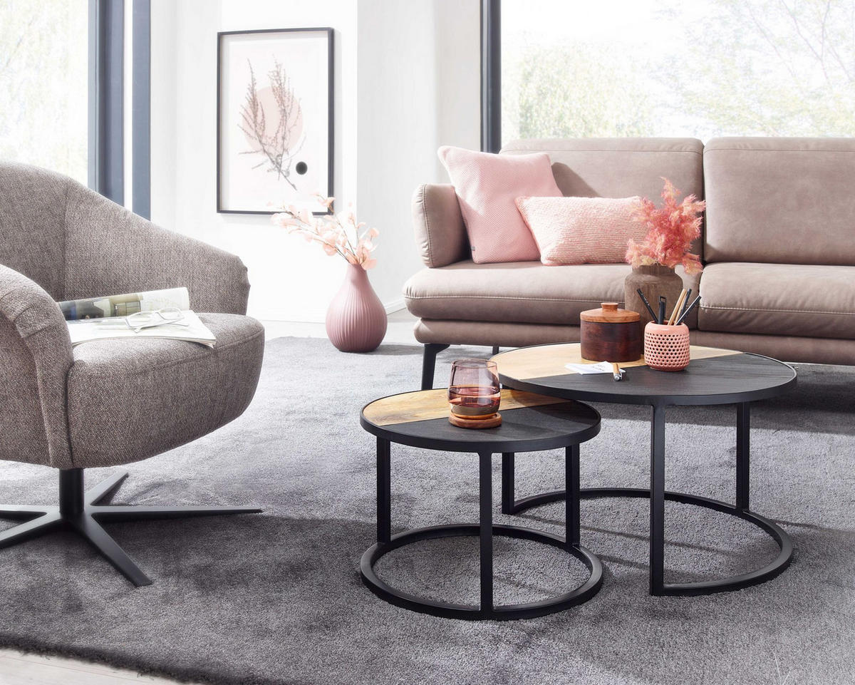 COUCHTISCH Set – Rund Mango Massivholz Steinoptik 2-teilig modern - Schwarz, Holz/Metall (60/60/36cm) - KADIMA DESIGN