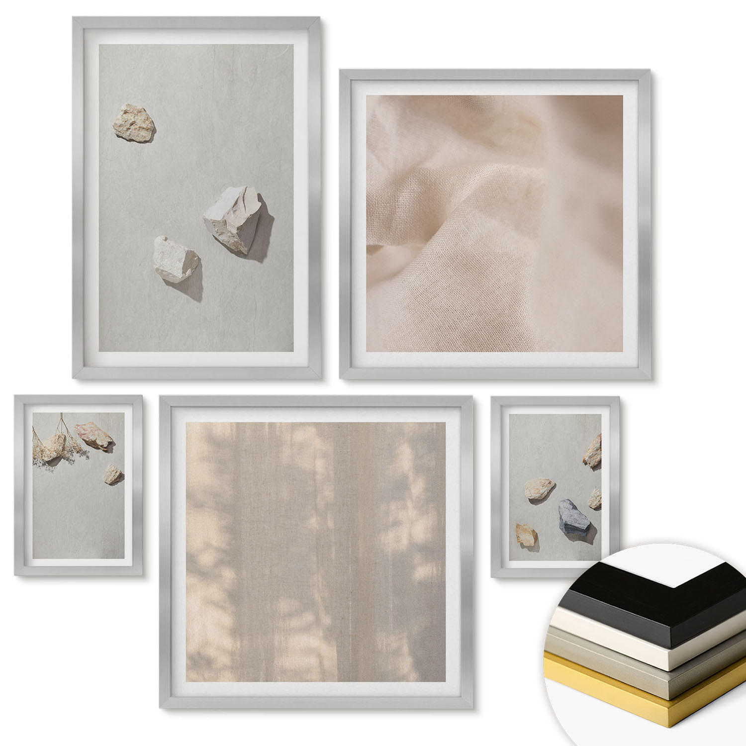WANDBILDER 5er Set - 50x50 cm & 20x30 cm & 40x60 cm Silberner Rahmen - Boho-Stranddekorationen aus Steinen - Silberfarben, Kunststoff (40/60cm) - ArtPrintCave