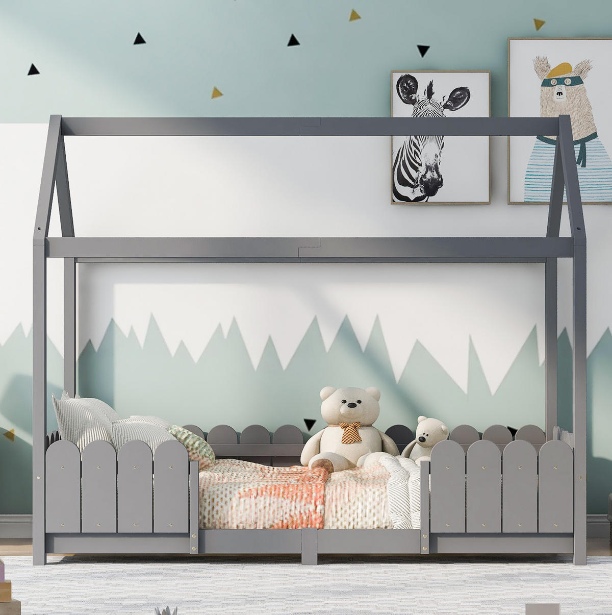 HAUSBETT 90/200 cm in Grau – mit Dach, Rausfallschutz und Lattenrost - Grau, Holz (90/200cm) - BEAOK