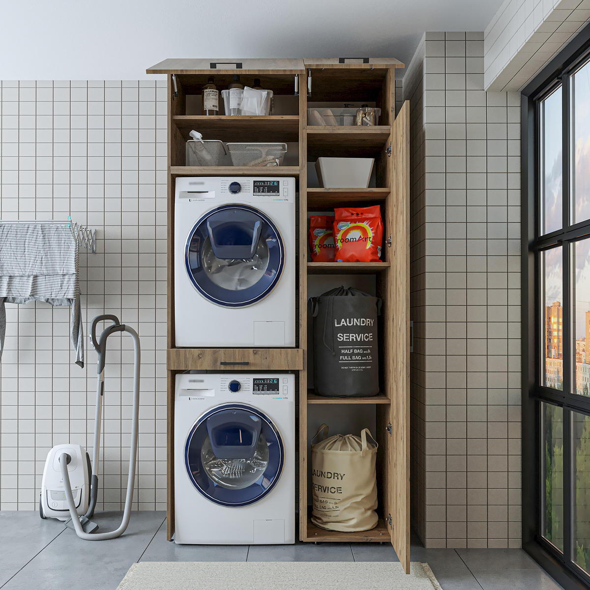 WASCHMASCHINENSCHRANK DUO-I 112cm Breit, 240cm Hoch - Eichefarben, Holzwerkstoff (112/240/67cm)
