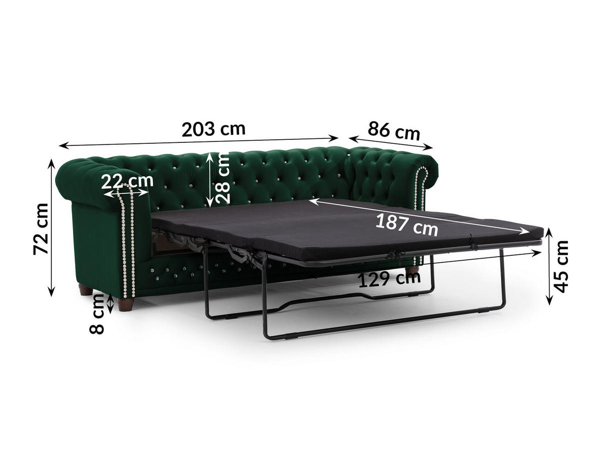 CHESTERFIELD-SOFA 3-Sitzer mit Schlaffunktion Cleo Blink Flasche Grün Samt mit Kristallsteppung und braunen Massivholzfüßen - Braun/Grün, Holz/Textil (203/72/86cm) - S-Style Möbel