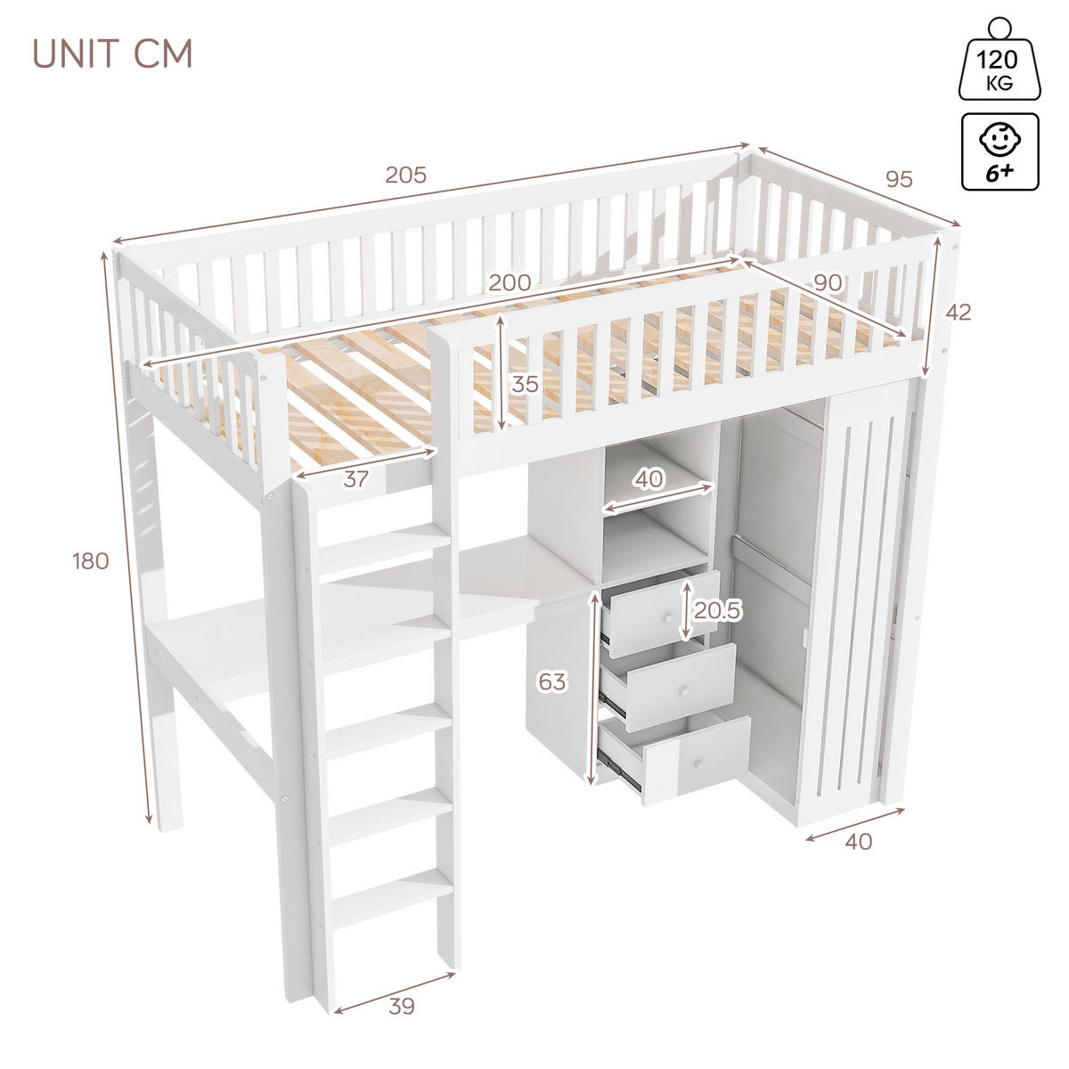 HOCHBETT aus Kiefer und MDF 90x200 cm Weiß mit Schreibtisch, Kleiderschrank, 3 Schubladen und Treppe - Weiß, Holz (90/200cm) - Modfu