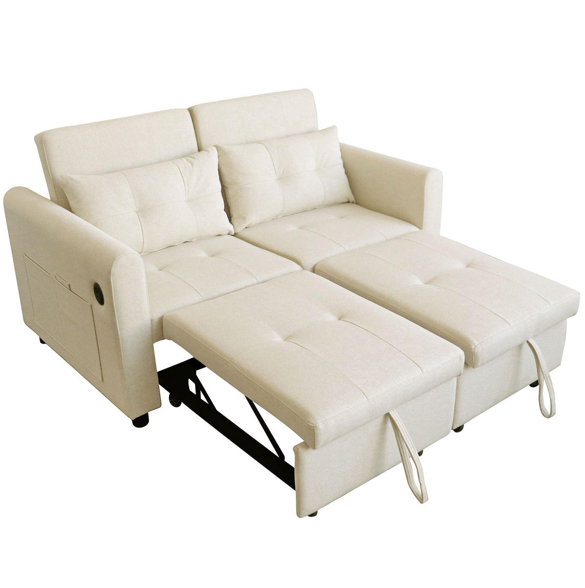 SCHLAFSOFA aus Baumwoll-Leinen 142x85x83 cm Beige mit USB, Armlehnentaschen und verstellbarer Rückenlehne - Beige, Textil (142/83/85cm) - Modfu