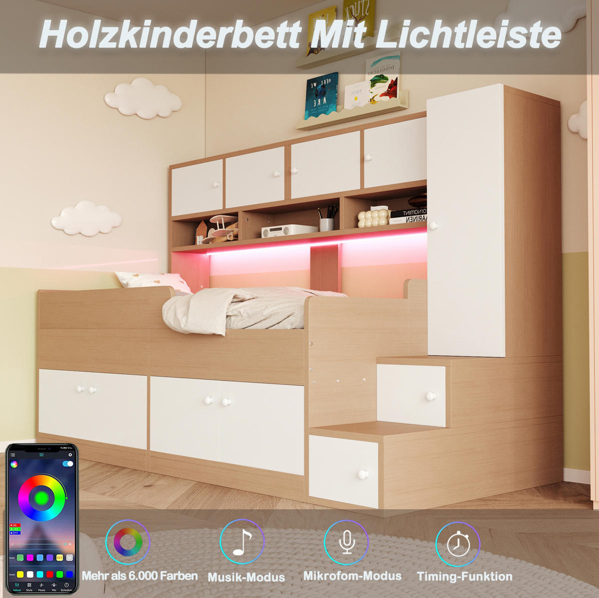 HOCHBETT 90/200 cm aus MDF mit Stauraum, Kleiderschrank, LED-Beleuchtung und Sicherheitsgeländer, farbe - Eichefarben, Holzwerkstoff (90/200cm) - Redom