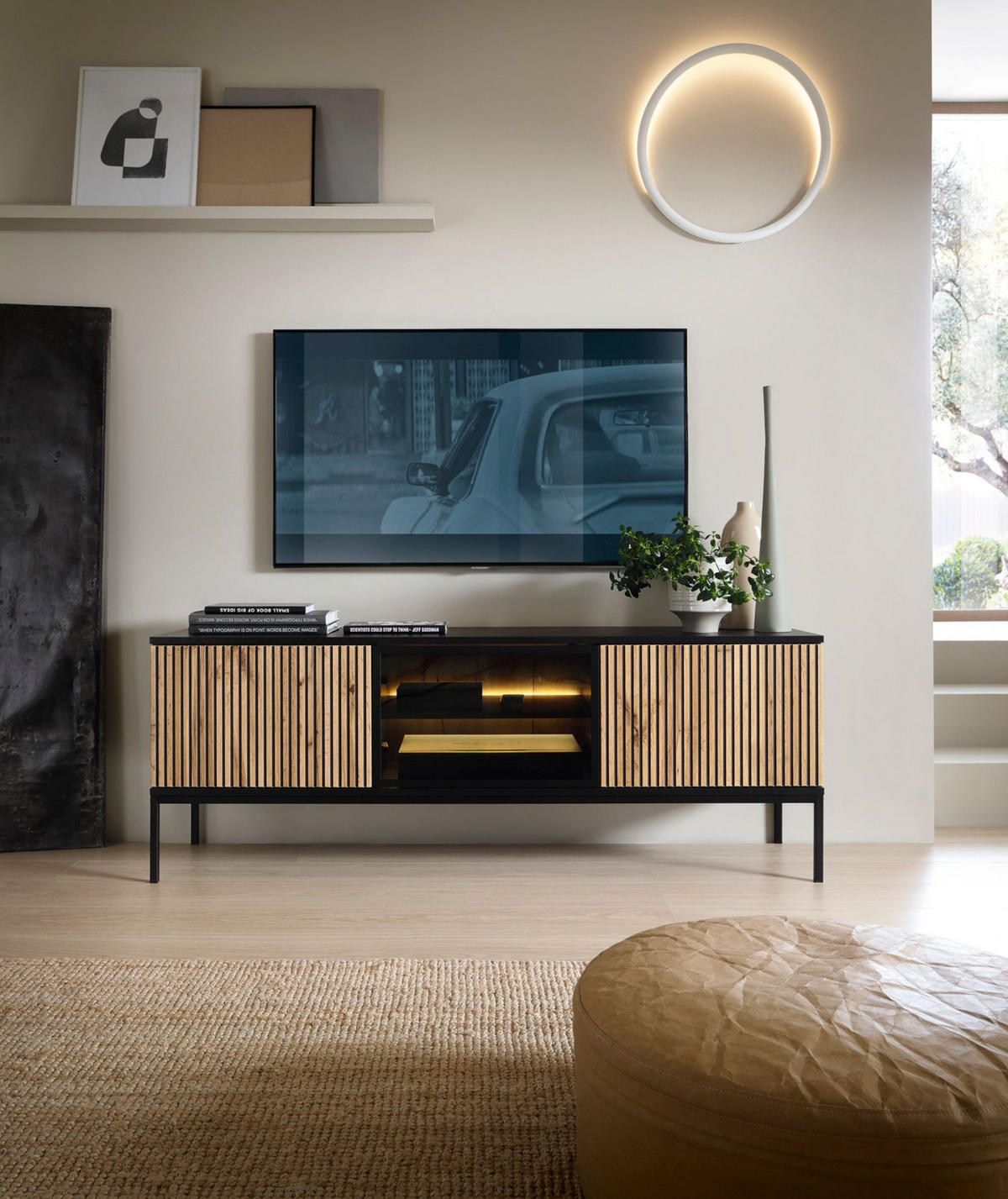 TV-LOWBOARD Tosena Schwarz / Eiche mit LED 154 cm - Schwarz, Holzwerkstoff/Metall (154/56/39cm) - Selsey