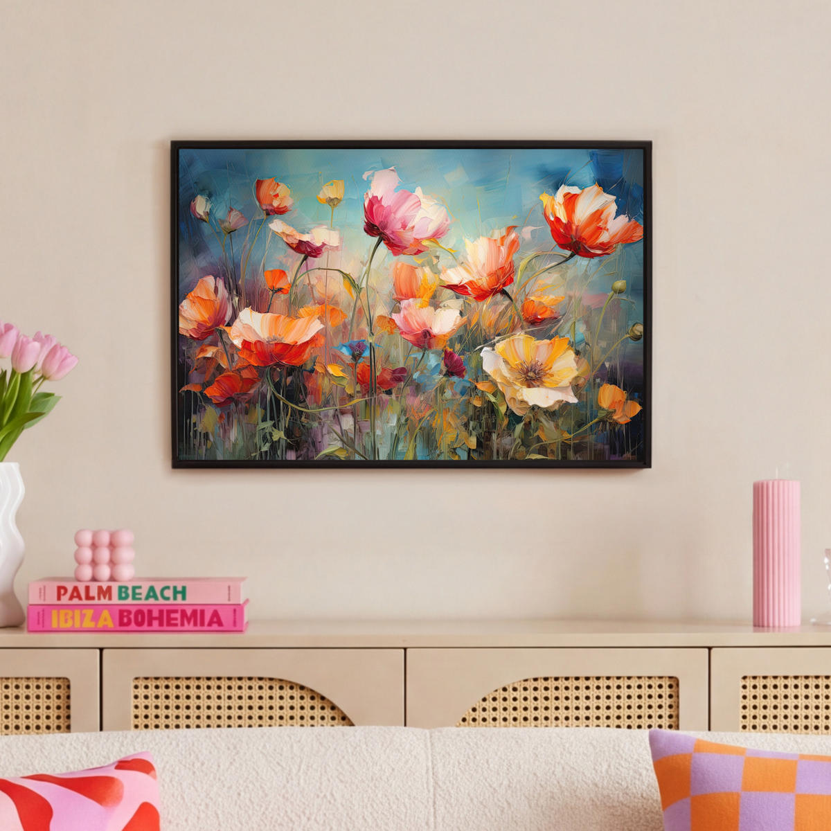 LEINWAND Bilder mit Rahmen - Blumen - Aquarell - Kunst - Botanisch - Natur - 60x40 - Orange, Textil (60/40cm) - MuchoWow
