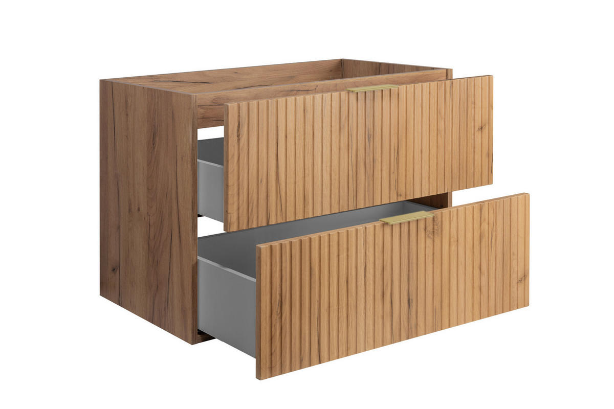 WASCHBECKUNTERSCHRANK, Eiche Craft, 80 x 57 x 46 cm, Griff Gold, ohne Arbeitsplatte - Eichefarben/Goldfarben, Holzwerkstoff (80/57/46cm) - 3XE LIVING