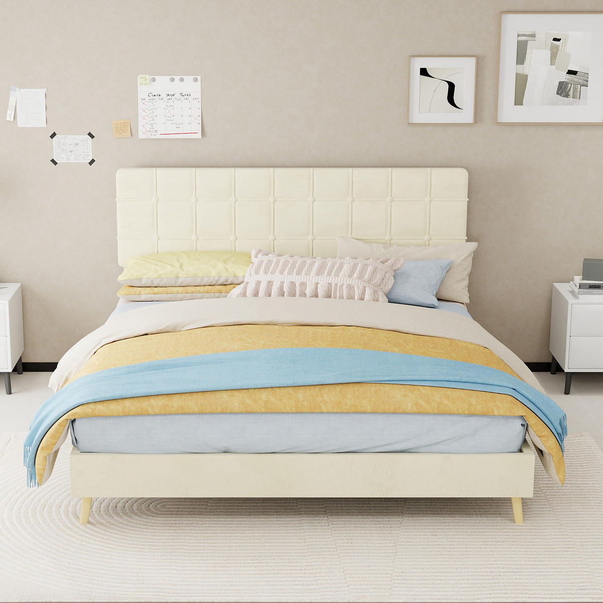 POLSTERBETT 160/200 cm DE-32955 mit Karosteppung-Kopfteil und Matratze Beige - Beige, Metall (160/200cm) - ComfortXL