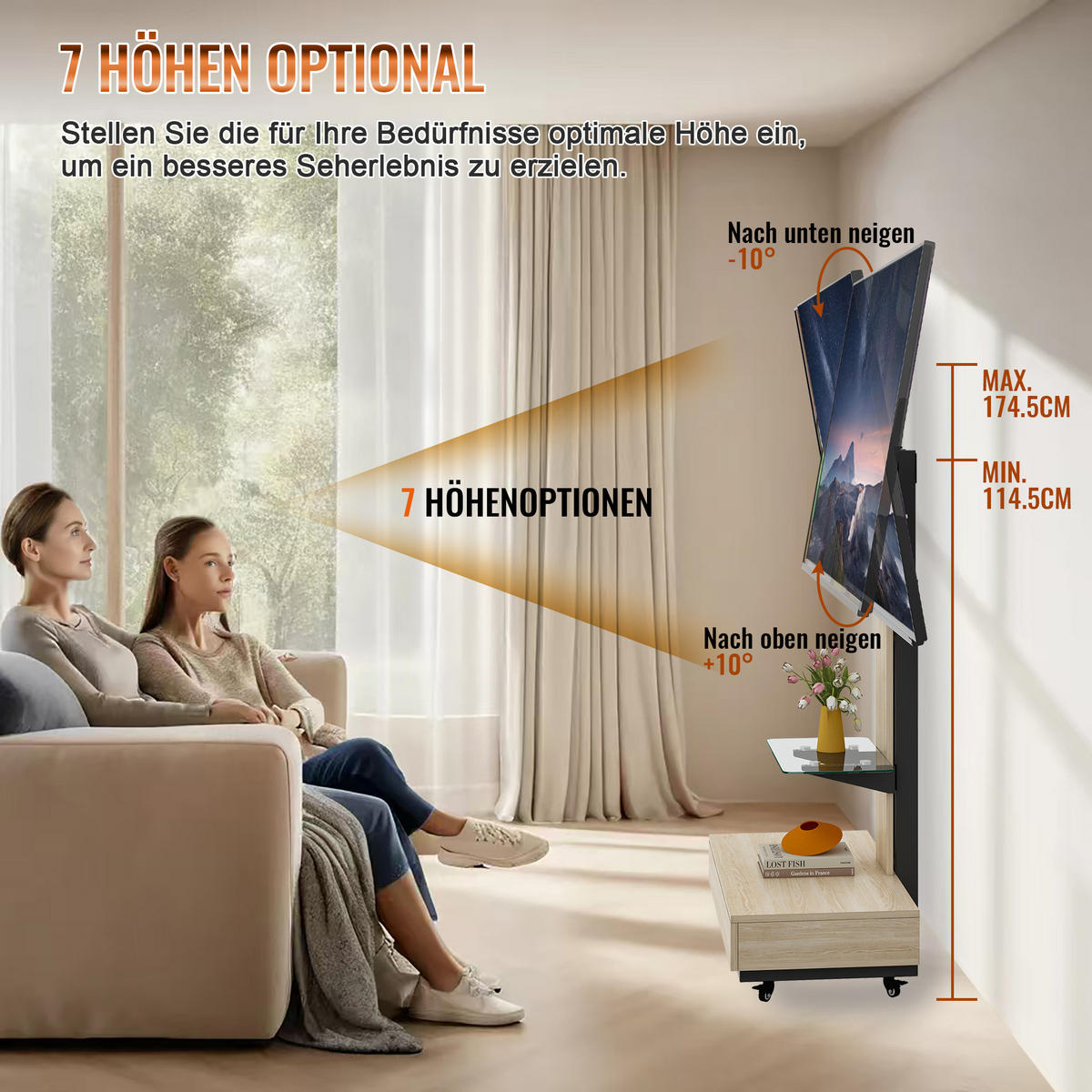 TV-HALTERUNG auf Rollen für 32–75 Zoll – höhenverstellbar & schwenkbar - Hellbraun, Holzwerkstoff (80/150/40cm) - BEAOK