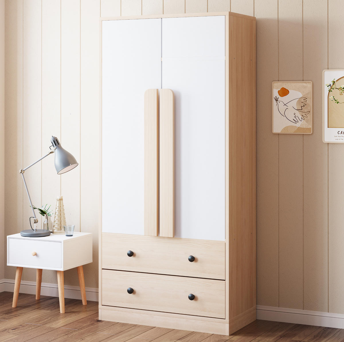 KLEIDERSCHRANK 70/40/170 cm in Natur/Weiß mit 2 Türen und 2 Schubladen - Naturfarben, Holz (70/170/40cm) - BEAOK