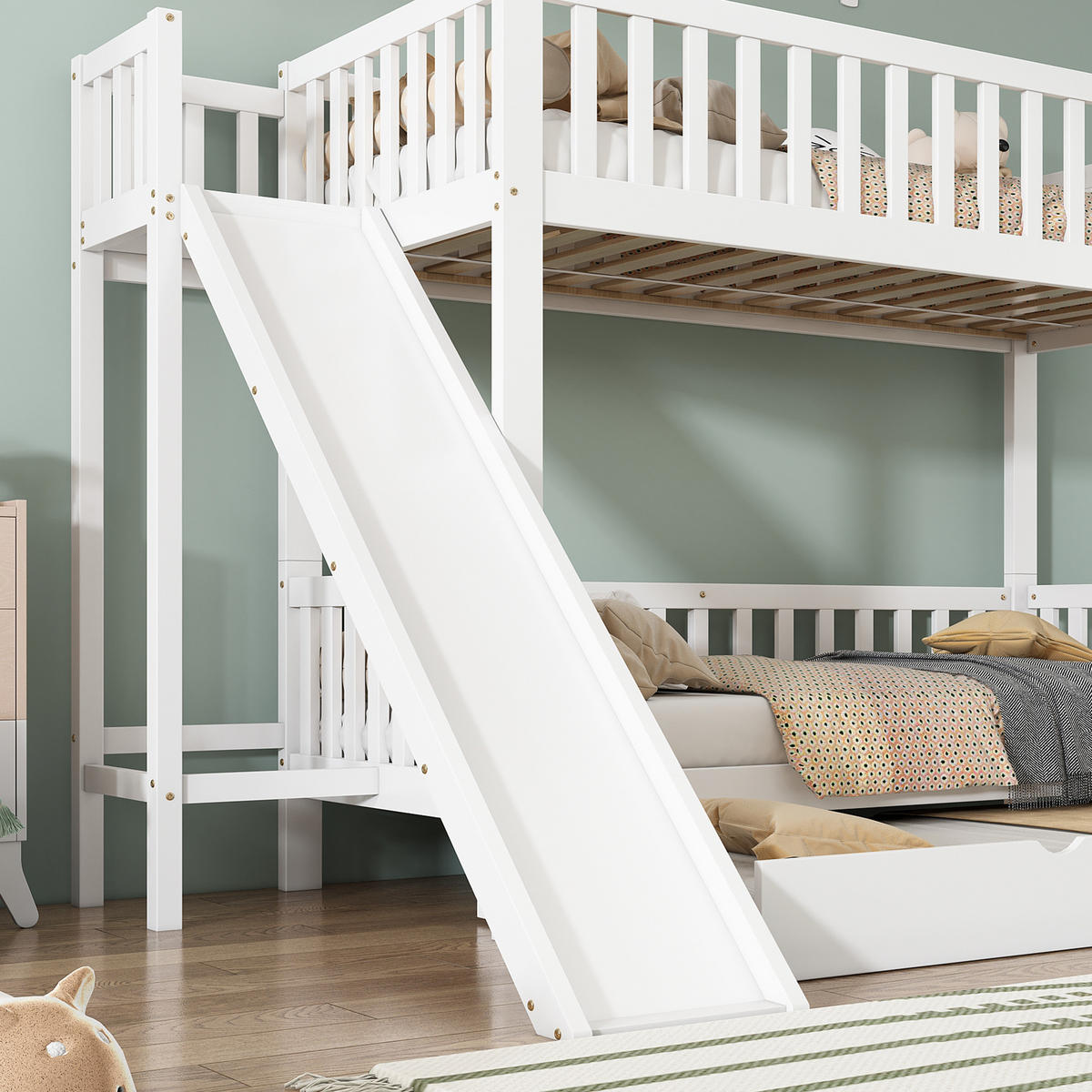 ETAGENBETT 90/200 und 90/190 cm Weiß mit Rutsche und Rollbett aus Kiefer und MDF - Weiß, Holzwerkstoff (90/200cm) - OKWISH