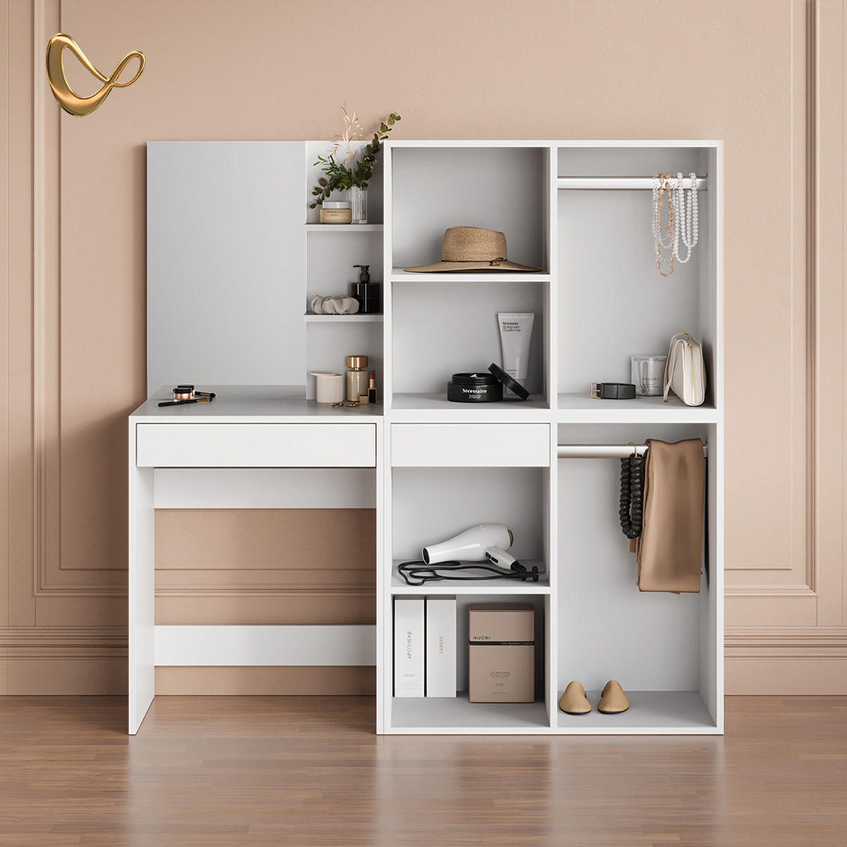 SCHMINKTISCH Nola Weiß 140 cm mit Schränken - Weiß, Holzwerkstoff (140/140/40cm) - Livinity®