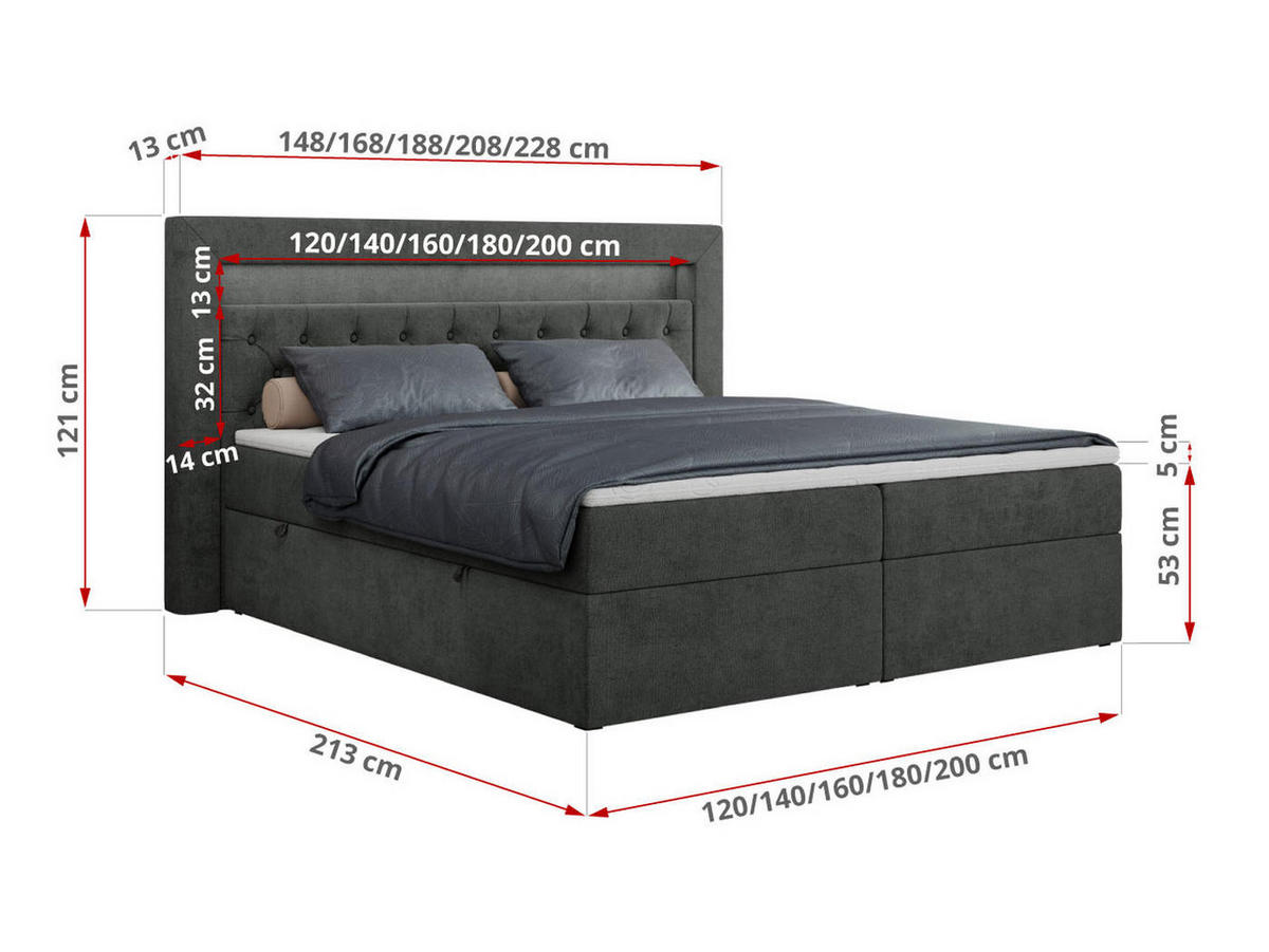 BOXBETT GOLD-6 LED 160/200 Dunkelgrau Struktur - H3 - Dunkelgrau, Holz/Textil (160/200cm) - MKS