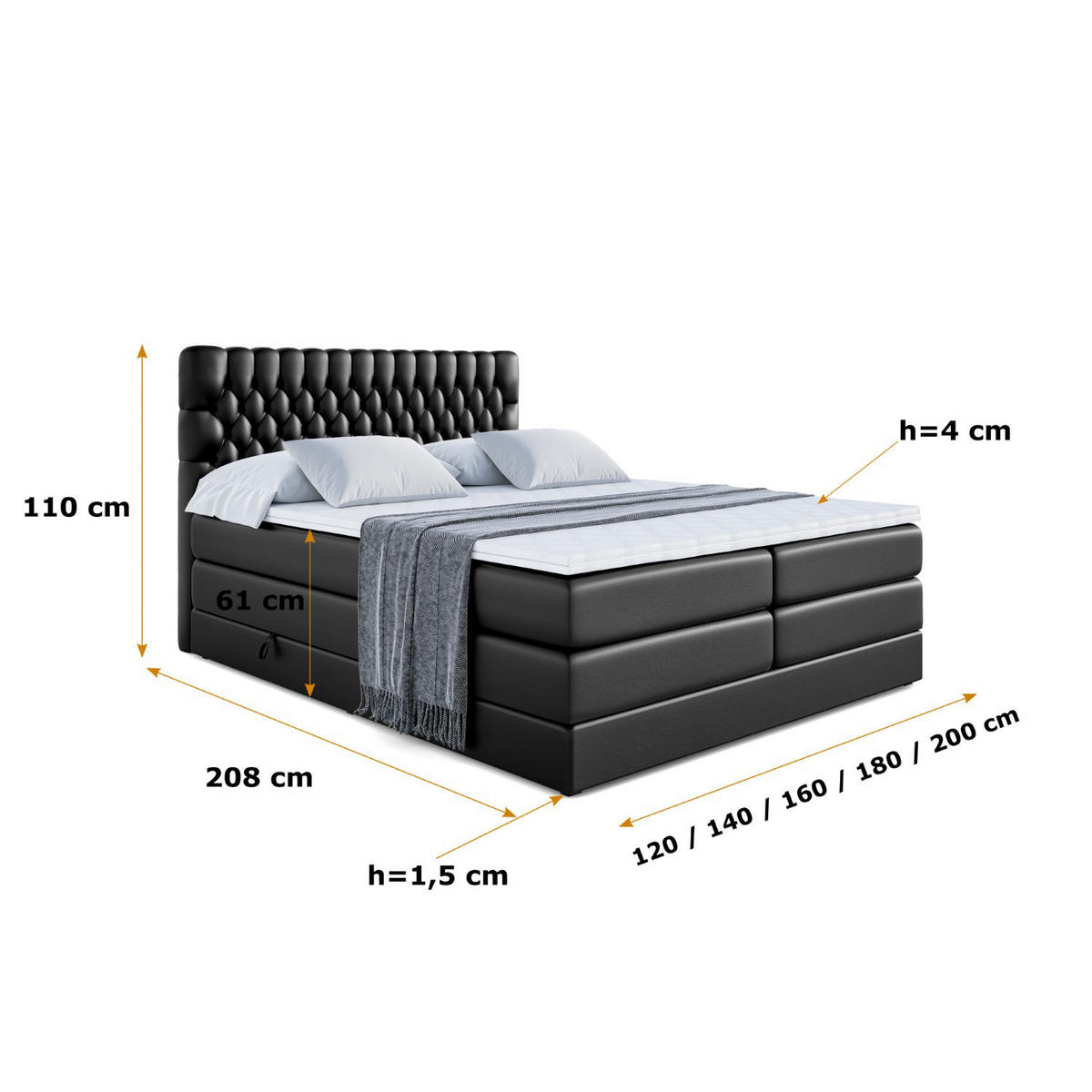 BOXSPRINGBETT SERENE KING - 200 x 200 - H3/H4 - Schwarz Hochglanz - Schwarz Hochglanz, Holzwerkstoff (200/200cm) - ALTDECOR