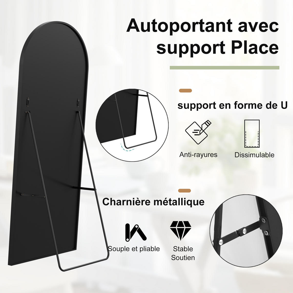 STANDSPIEGEL Bogenform 54 x 164 cm, wandmontierbar, neigbar, schwarz - Schwarz, Metall (54/164/3cm)