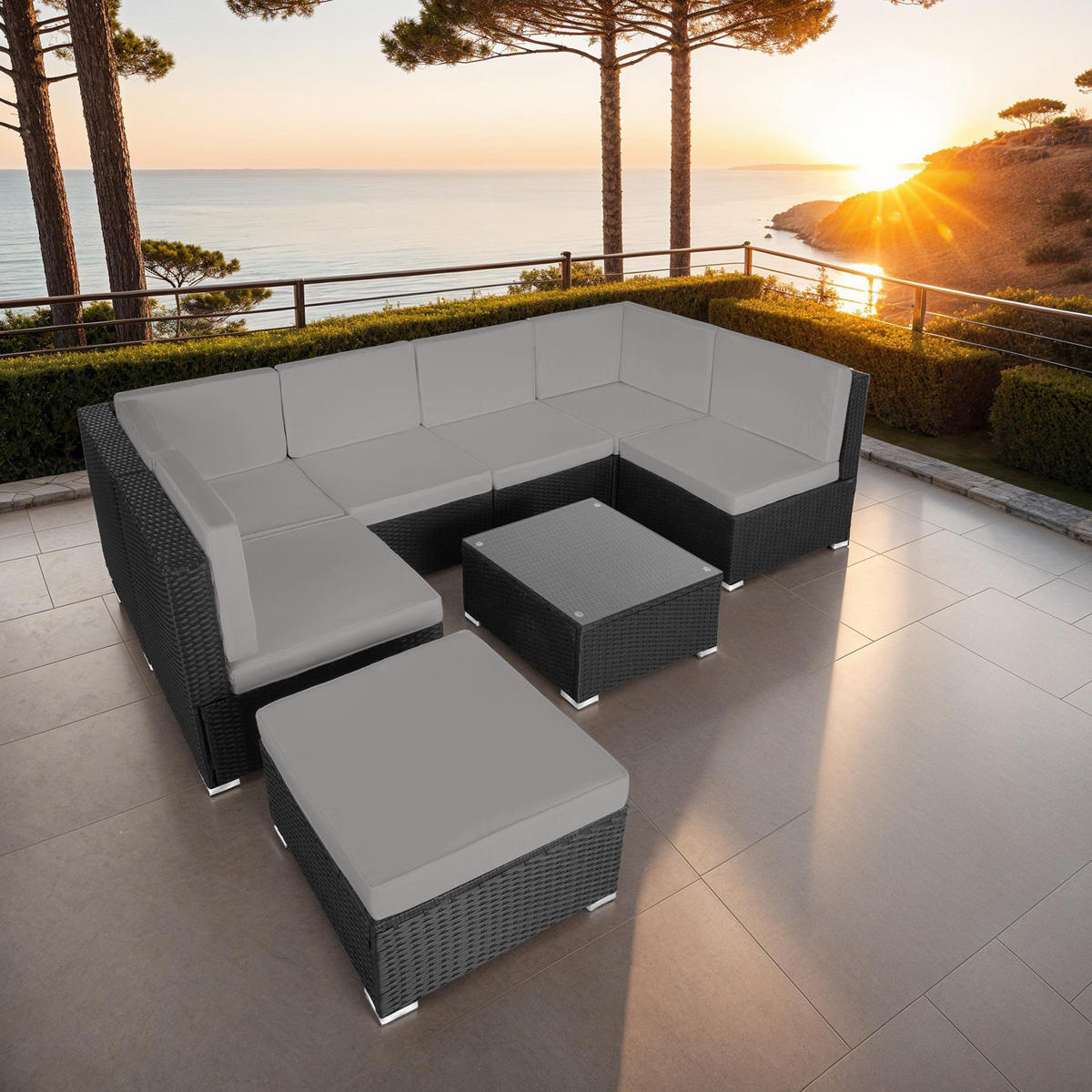 RATTANLOUNGE Venedig,mit Sicherheitsglasplatte,schwarz/grau - Schwarz/Grau, Kunststoff - tectake