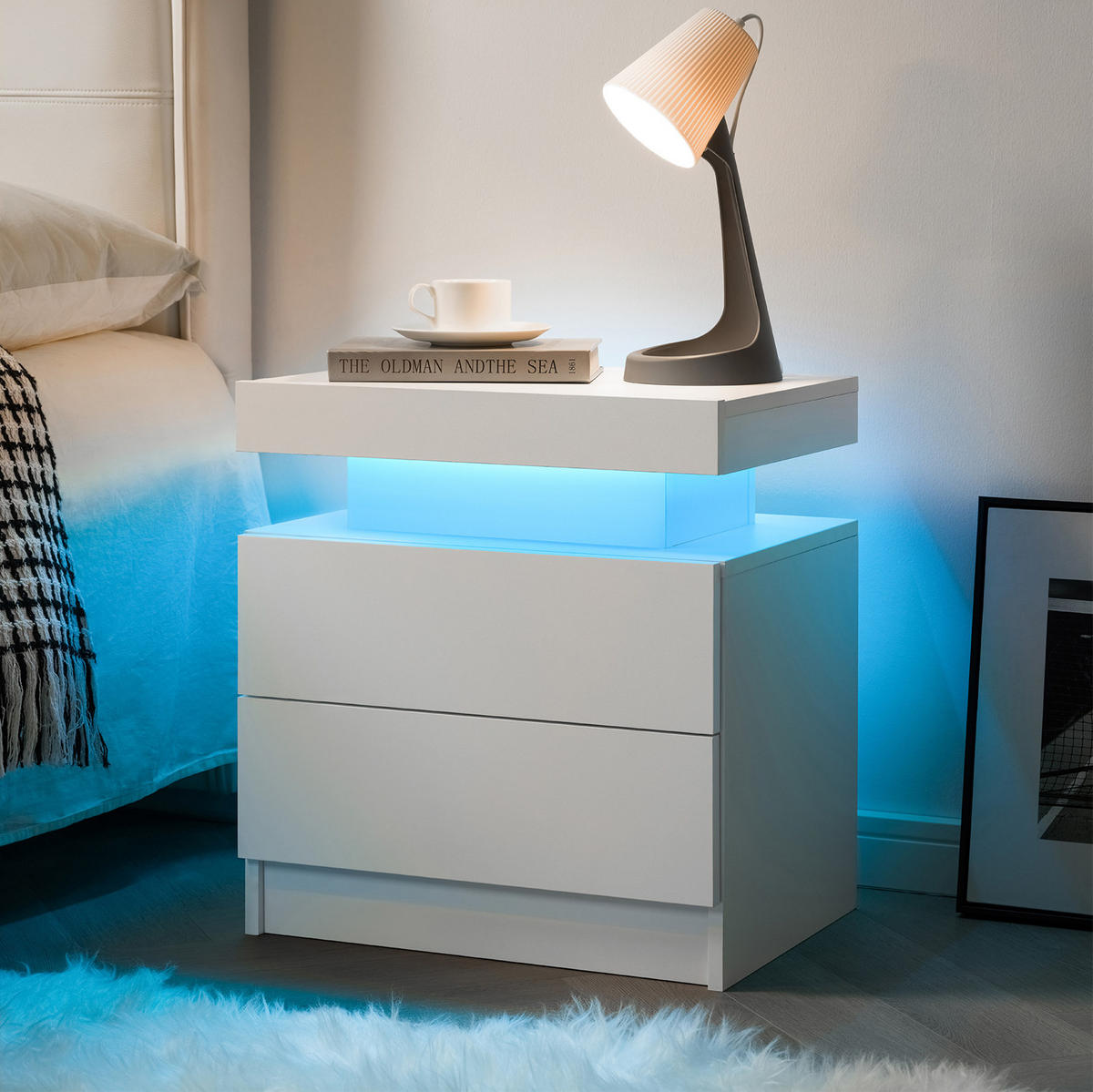 NACHTTISCH in Weiß mit 2 Schubladen und LED-Beleuchtung,50/53/36 cm - Weiß, Holzwerkstoff (53/36/50cm) - Flora Grace