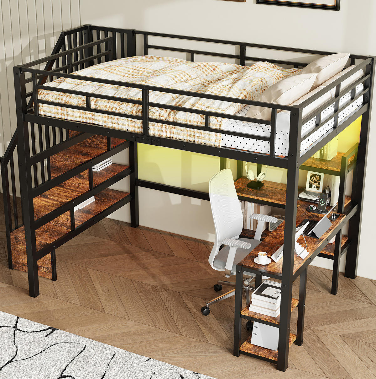 HOCHBETT 140/200 cm Schwarz mit Schreibtisch und LED - Schwarz, Metall (140/200cm) - MIVRAY