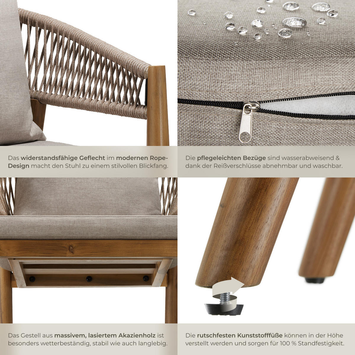 GARTENSTUHL Manacor,höhenverstellbare Kunststofffüße,Sand - Sandfarben/Braun, Holz (59/76.5/58cm) - tectake