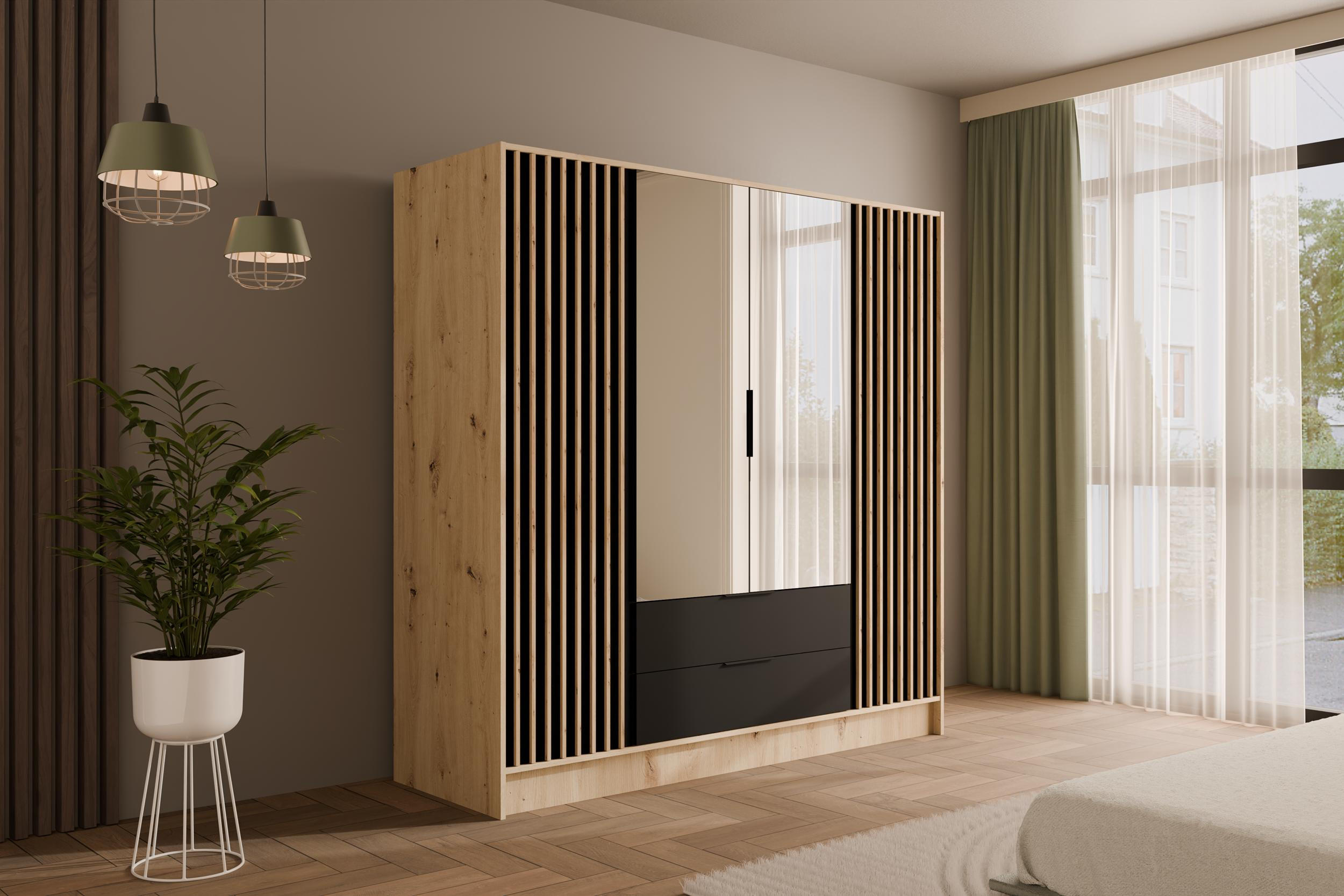 KLEIDERSCHRANK NELIA - 200 cm - Schwarz/Eiche Artisan, Holzwerkstoff (200/200/51cm) - ALTDECOR