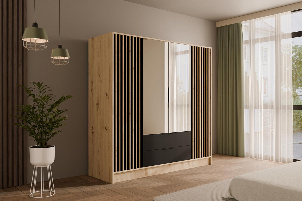 KLEIDERSCHRANK NELIA - 200 cm - Schwarz/Eiche Artisan, Holzwerkstoff (200/200/51cm) - ALTDECOR