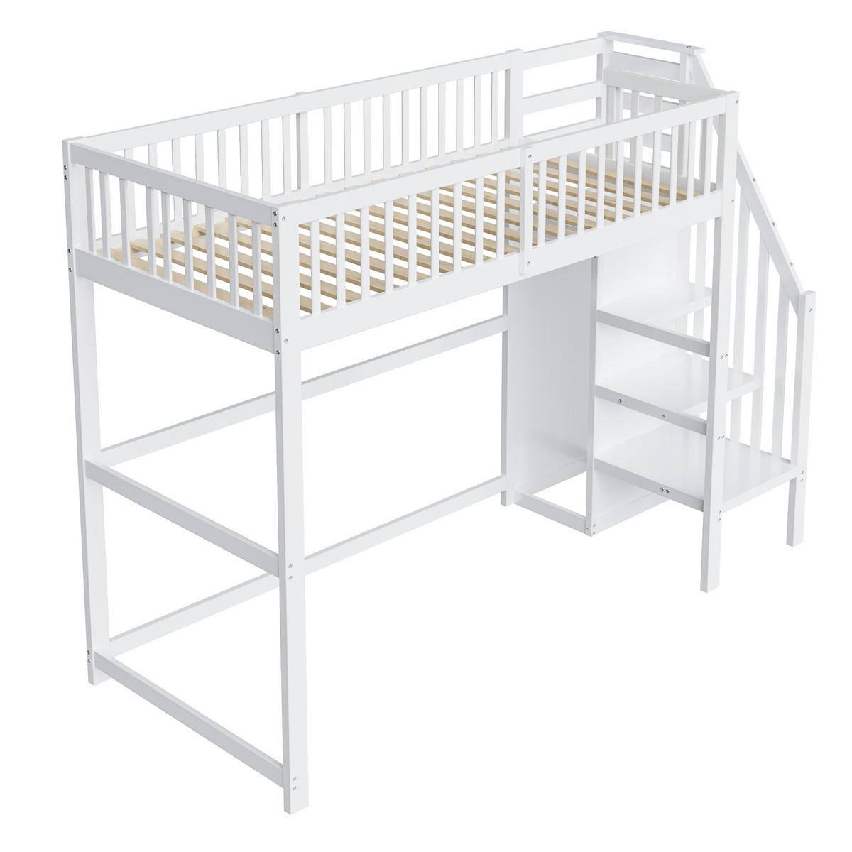 HOCHBETT aus Holz 90x200 cm in Weiß mit Treppe & Kleiderschrank - Weiß, Holz (90/200cm) - Modfu