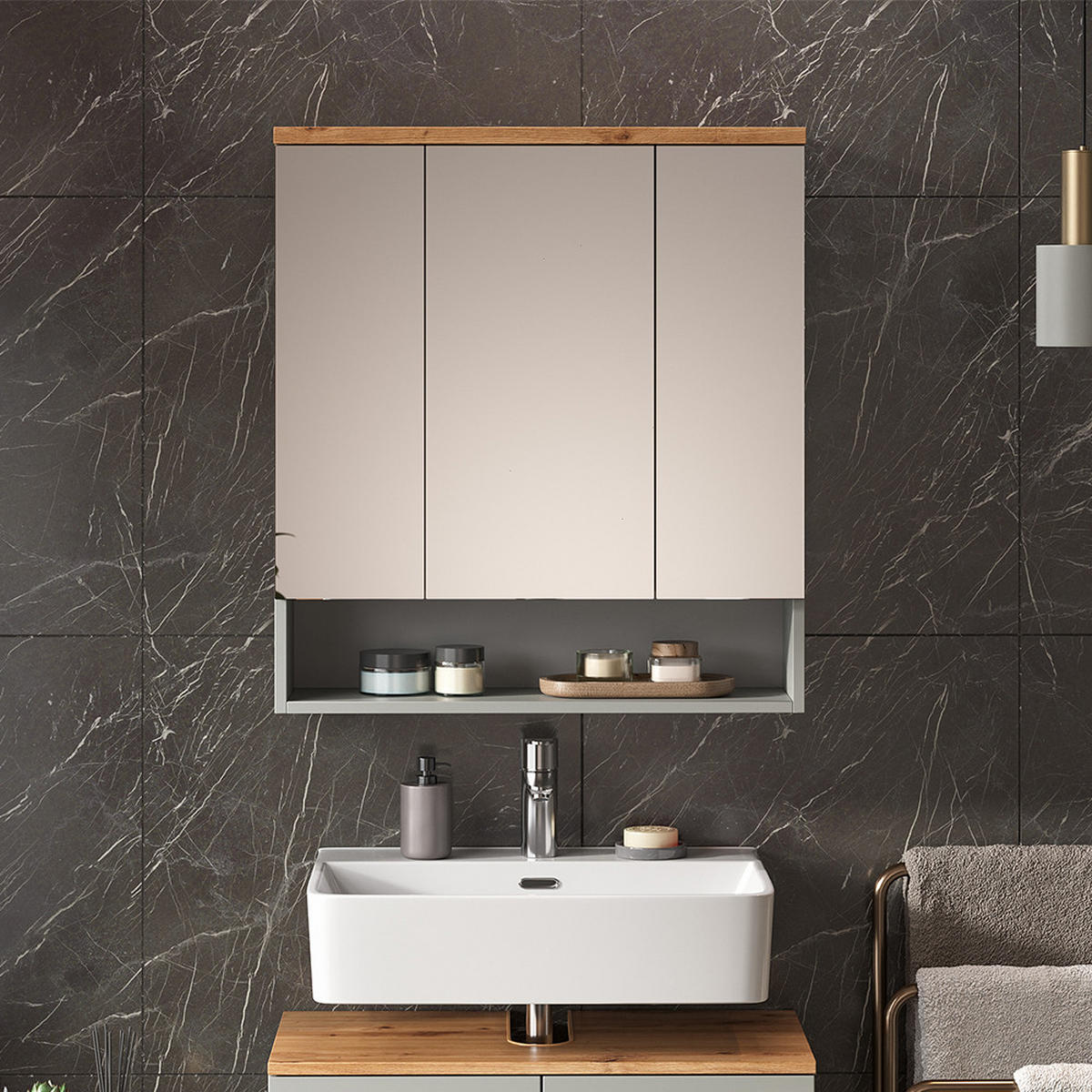 BADSPIEGELSCHRANK Eden Grau/Artisan 70 x 77.5 cm mit 3 Spiegeltüren - Hellgrau/Grau, Holzwerkstoff (70/77.5/21.7cm) - Vicco