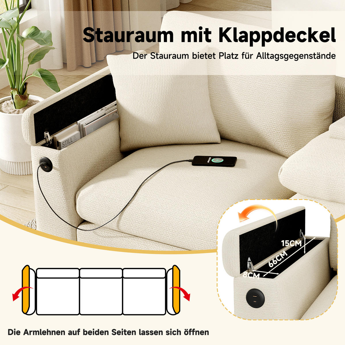 3-SITZER Sofa Chenille mit Klapptisch USB-Anschluss und Stauraum 242/80/88 cm Beige - Beige, Kunststoff/Textil (80/88/242cm) - Redom