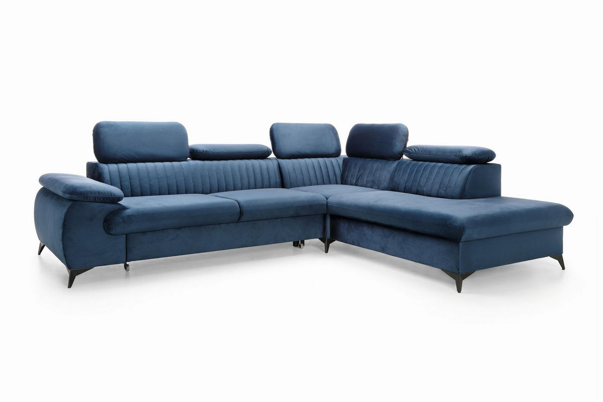 ECKSOFA FIORE Blau Velours-Stoff mit Schlaffunktion - Blau, Holz (275/221cm) - MASSENO