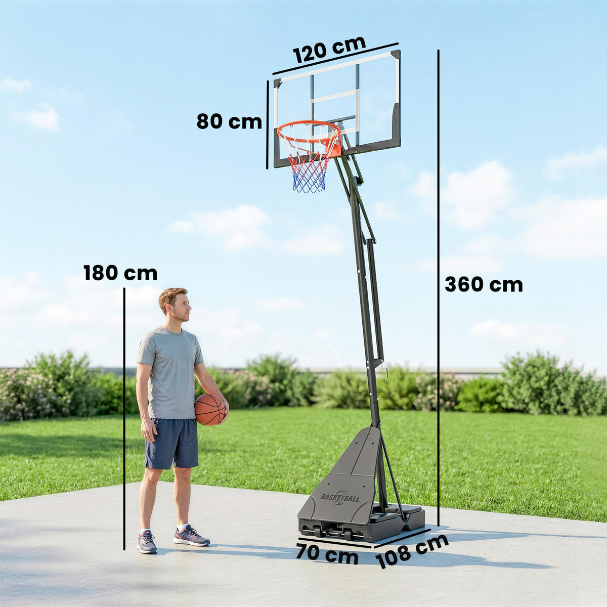 BASKETBALLKORB DE-10540 höhenverstellbar 2,45-3,05 m Schwarz - Schwarz, Metall (120/120cm) - ComfortXL