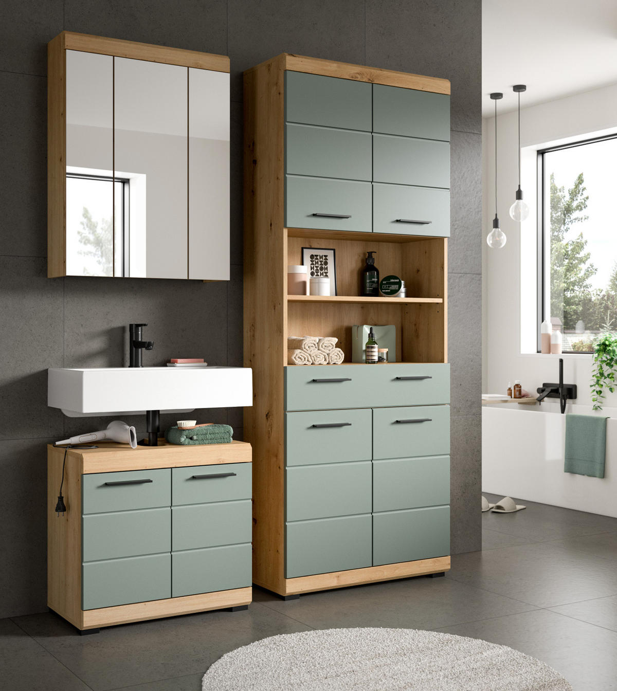 BADMÖBEL-SET Salbei grün, Artisan Eiche 3-teilig 149 cm, Badschränke mit viel Stauraum - Schwarz/Eiche Artisan, Glas/Holzwerkstoff (149/191/34cm) - Inn.Furn