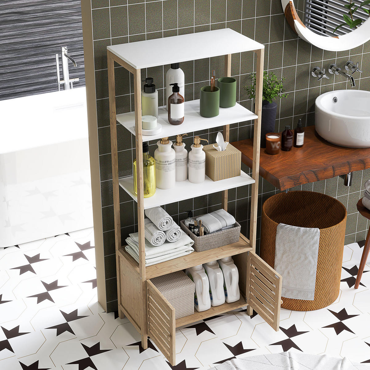 BADEZIMMERSCHRANK Natur und Weiß 63/30/138 cm - Weiß, Holz (63/138/30cm) - PANGIVO