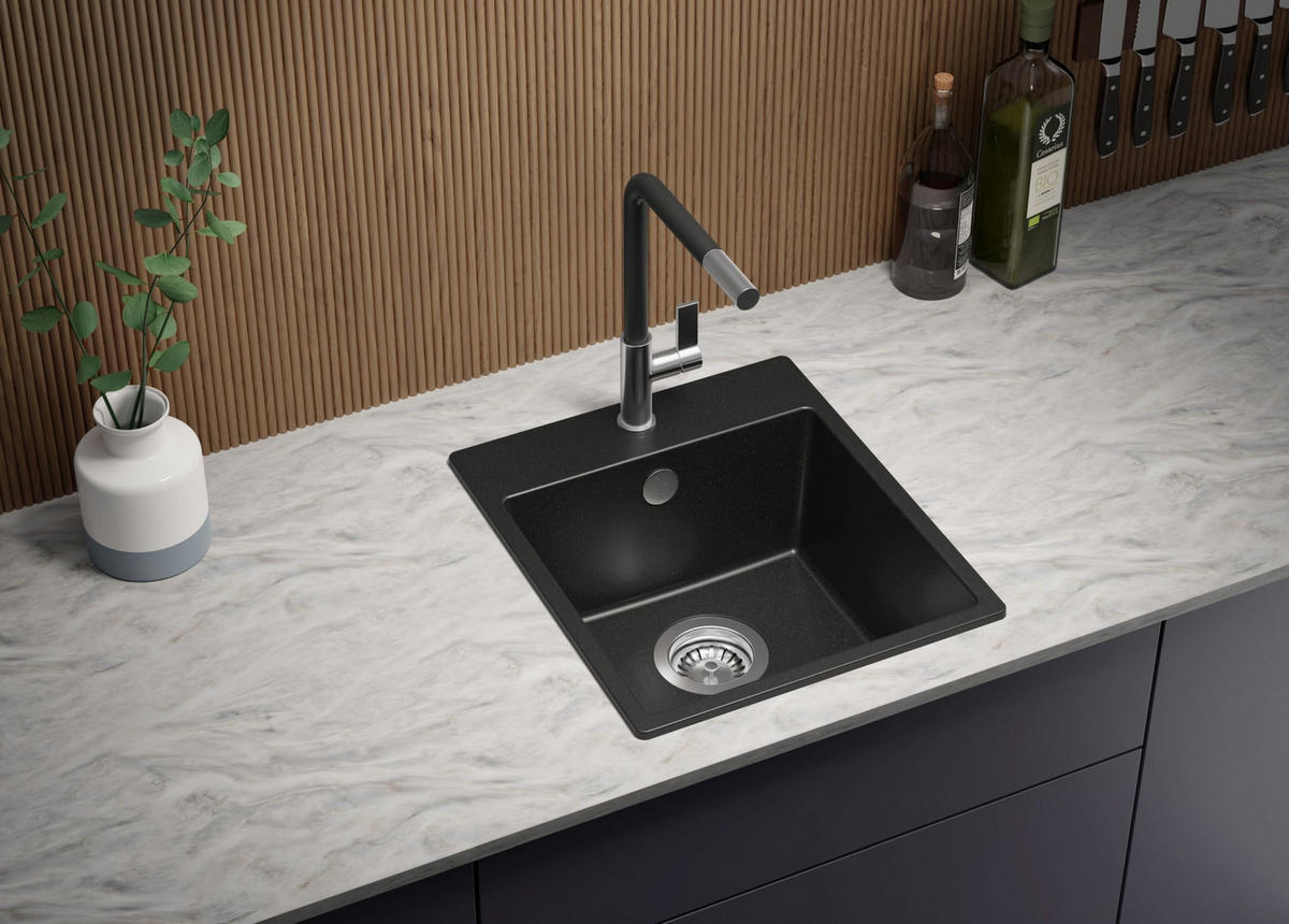 SPÜLBECKEN Riga Easy, 2-er set Schwarz 38/44 cm 1 Becken + Ablauf-Set ab 40er Unterschrank - Chromfarben/Schwarz, Kunststoff (38/19/44cm) - Primagran